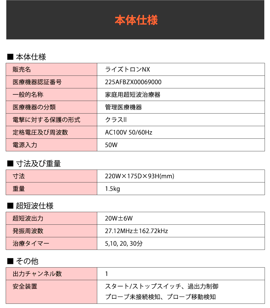 家庭用超短波治療器 ライズトロンＮＸ　仕様