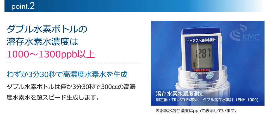溶存水素水濃度1000〜1300ppb(僅か3分30秒超スピード生成)