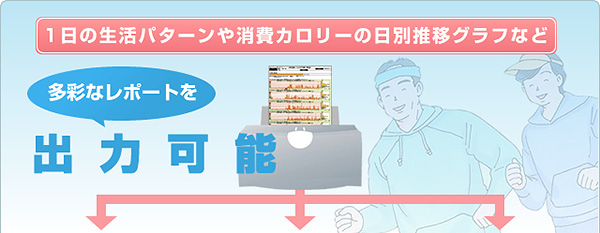 １日の生活パターンや消費カロリーの日別推移グラフを出力可能