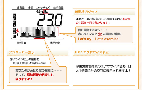 画面詳細：活動状況グラフ・アンダーバー表示・エクササイズ表示